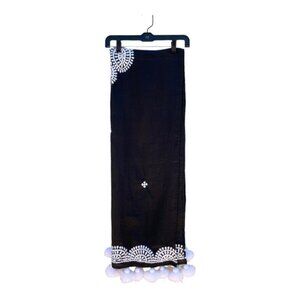 Black & White Embroidered Linen Blend Wrap/Shawl with Fringe Pom Pom's